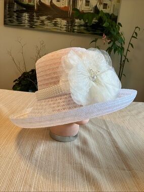 Elegant White Wide Brim Hat with Off White Floral Accent and Pearl Band